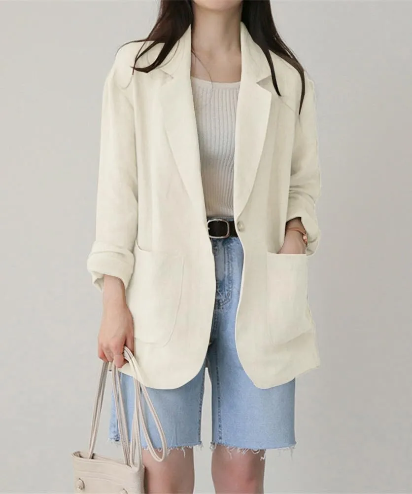 chouyatou Women's Cotton Linen One Button Office Blazer Long Sleeve Business Casual Jacket Outwear Coat