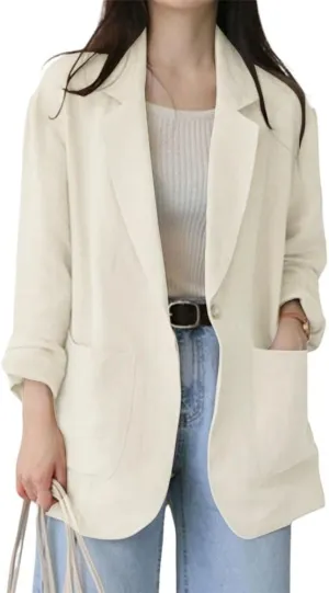 chouyatou Women's Cotton Linen One Button Office Blazer Long Sleeve Business Casual Jacket Outwear Coat