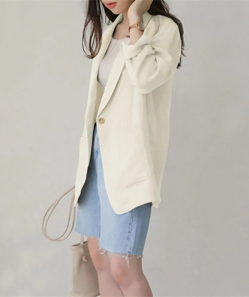 chouyatou Women's Cotton Linen One Button Office Blazer Long Sleeve Business Casual Jacket Outwear Coat