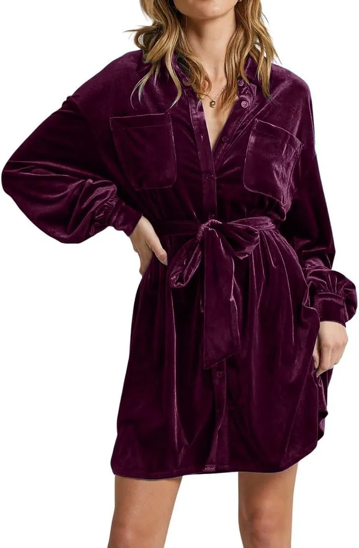 chouyatou Women's Elegant Long Sleeve Button Down Velvet Shirt Mini Dress with Belt