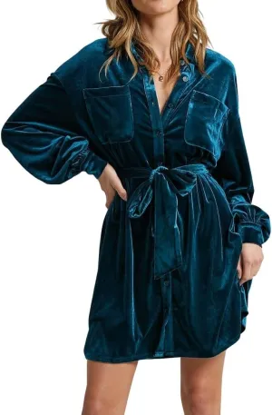 chouyatou Women's Elegant Long Sleeve Button Down Velvet Shirt Mini Dress with Belt