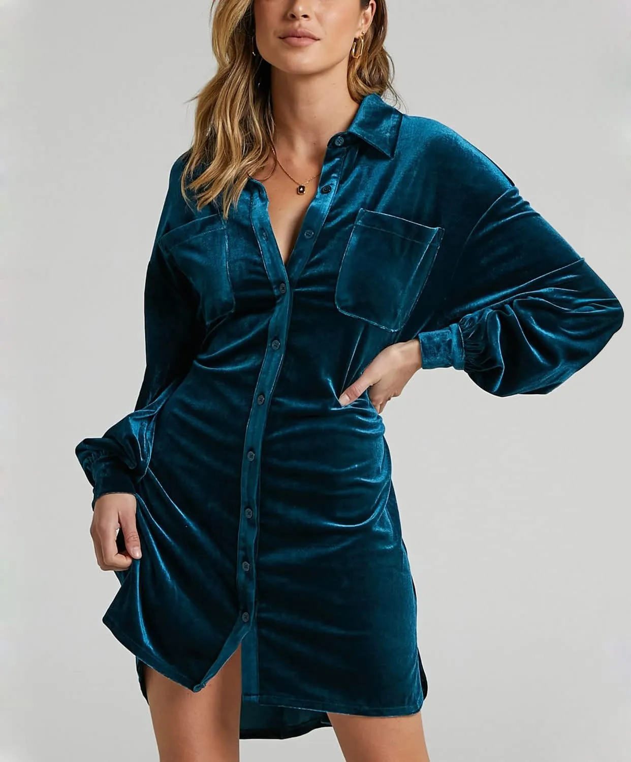chouyatou Women's Elegant Long Sleeve Button Down Velvet Shirt Mini Dress with Belt