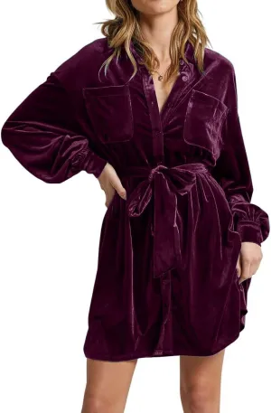 chouyatou Women's Elegant Long Sleeve Button Down Velvet Shirt Mini Dress with Belt