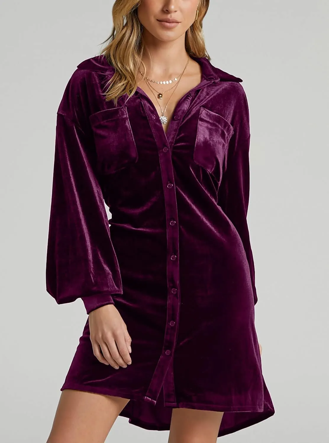 chouyatou Women's Elegant Long Sleeve Button Down Velvet Shirt Mini Dress with Belt