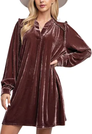 chouyatou Women's Long Sleeve Velvet Party Dress Frilly V-Neck Tunic Shift Short Dress with Pockets