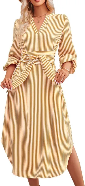 Ckikiou Long Sleeve Striped Business Casual Dress for Women V Neck Belted Tie Waist Elegant Work Long Shirt Dresses