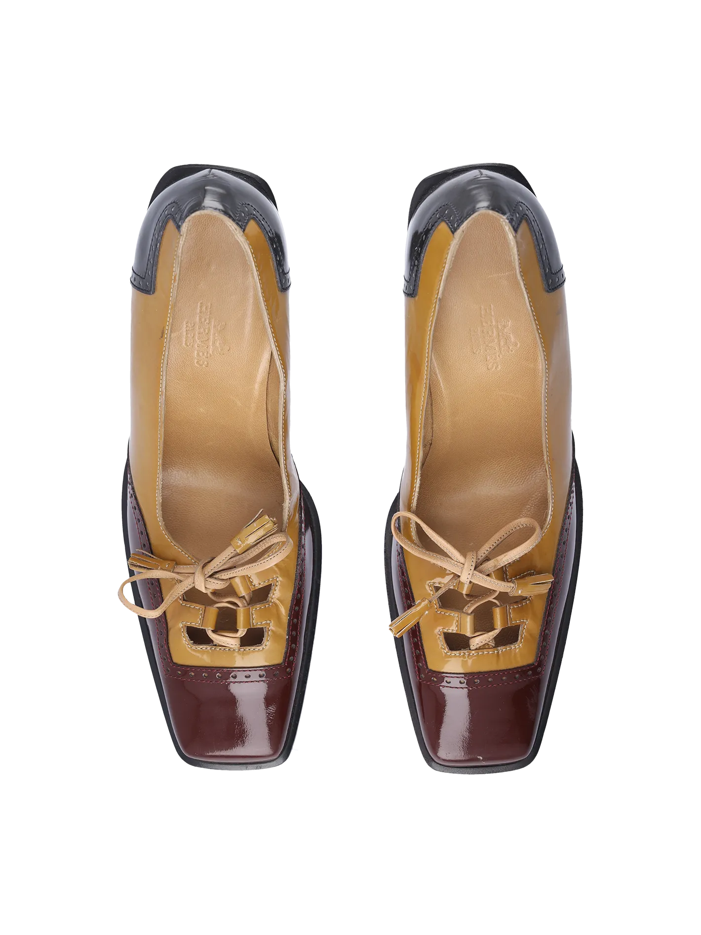 colour-block patent leather brogue pumps