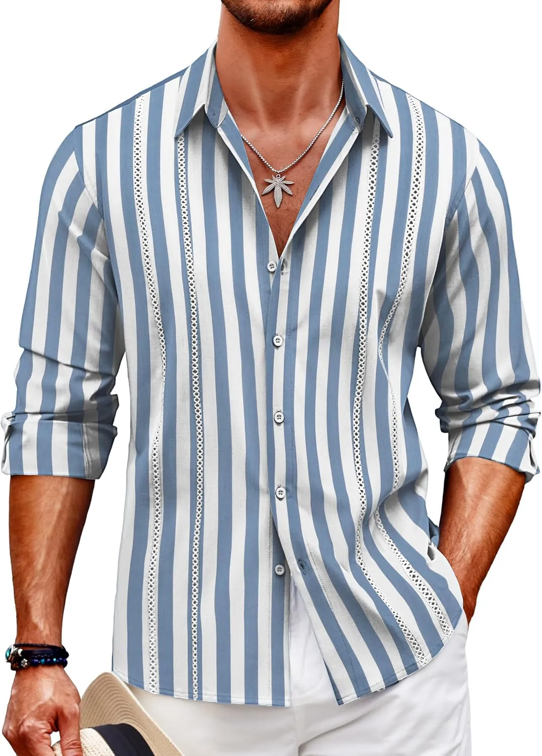 COOFANDY Mens Cuban Guayabera Shirt Casual Button Down Shirts Long Sleeve Summer Beach Shirts