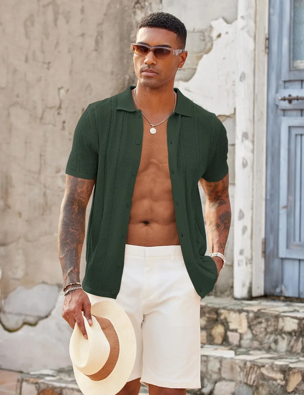 COOFANDY Mens Knit Button Down Shirts Casual Textured Polo Shirt Short Sleeve Vintage Summer Beach Tops