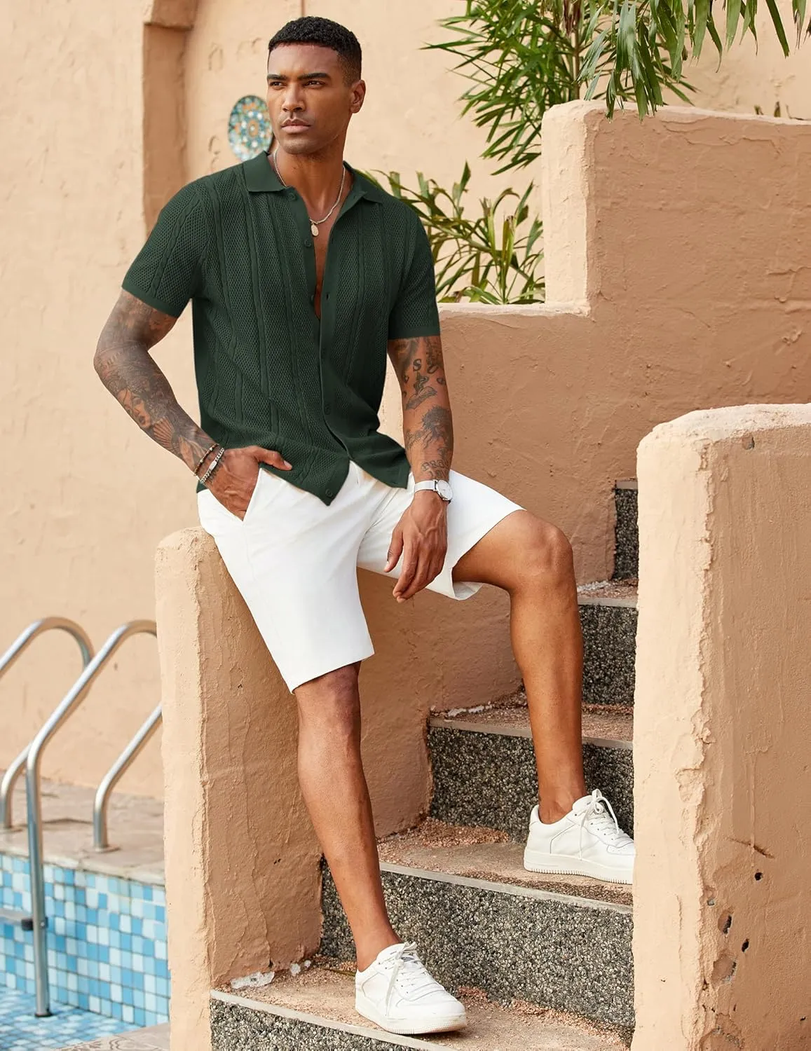 COOFANDY Mens Knit Button Down Shirts Casual Textured Polo Shirt Short Sleeve Vintage Summer Beach Tops