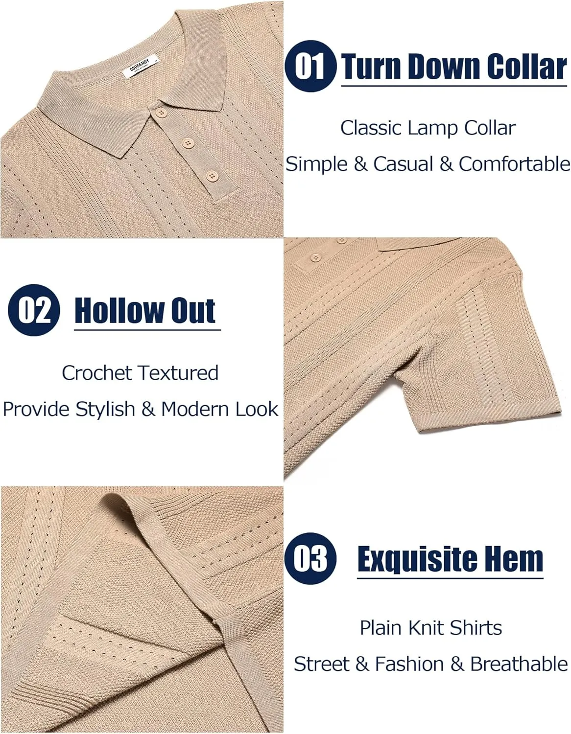 COOFANDY Mens Knit Polo Shirts Short Sleeve Button Down Shirt Cuban Guayabera Textured Summer Beach Shirts