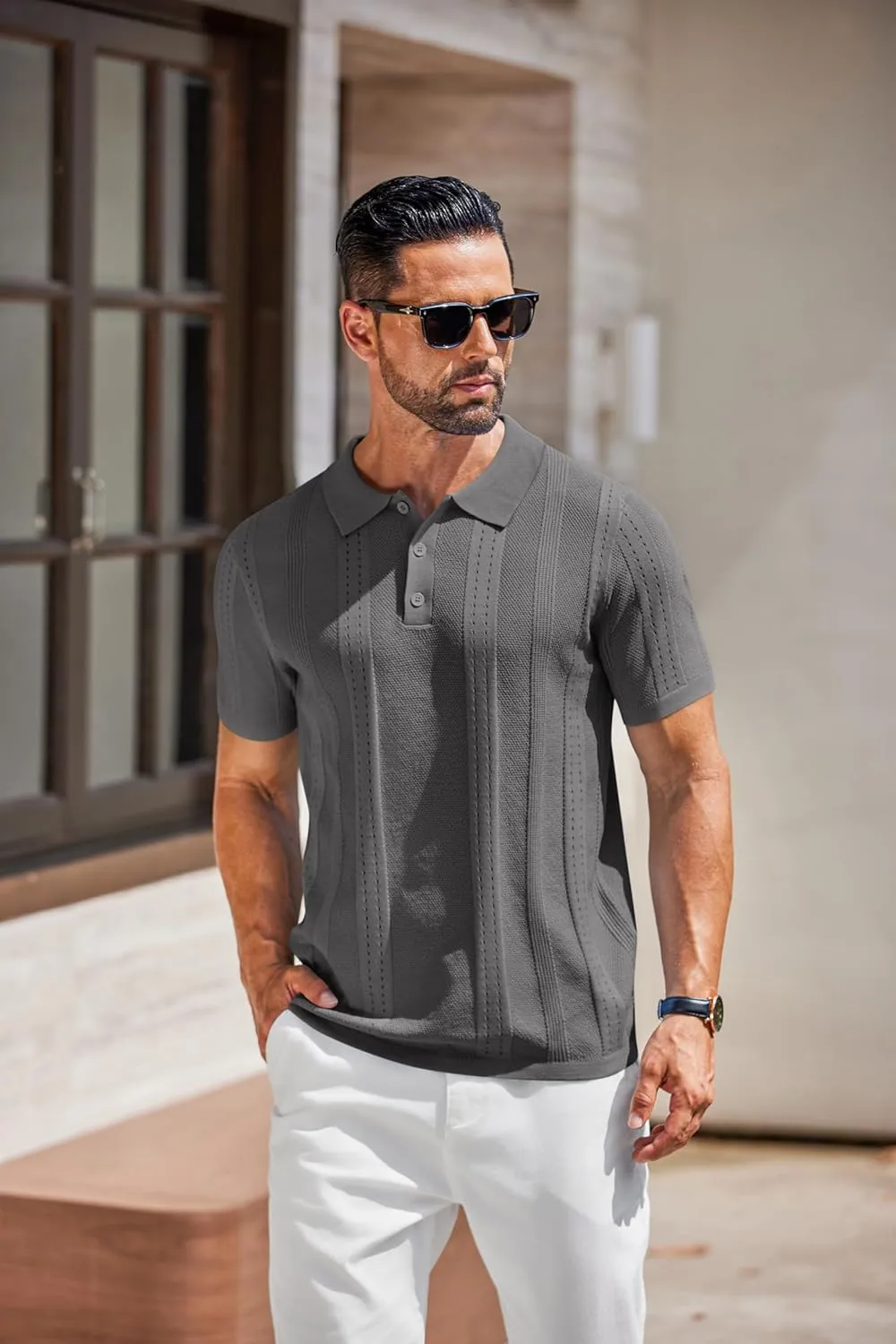 COOFANDY Mens Knit Polo Shirts Short Sleeve Button Down Shirt Cuban Guayabera Textured Summer Beach Shirts