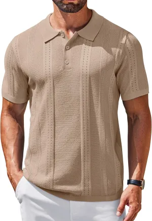 COOFANDY Mens Knit Polo Shirts Short Sleeve Button Down Shirt Cuban Guayabera Textured Summer Beach Shirts