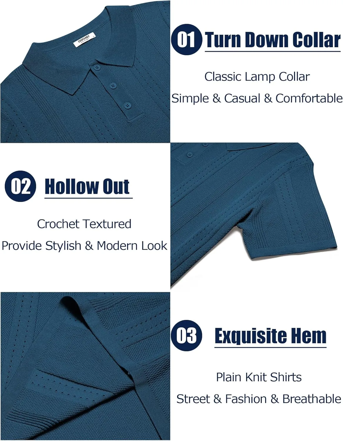 COOFANDY Mens Knit Polo Shirts Short Sleeve Button Down Shirt Cuban Guayabera Textured Summer Beach Shirts