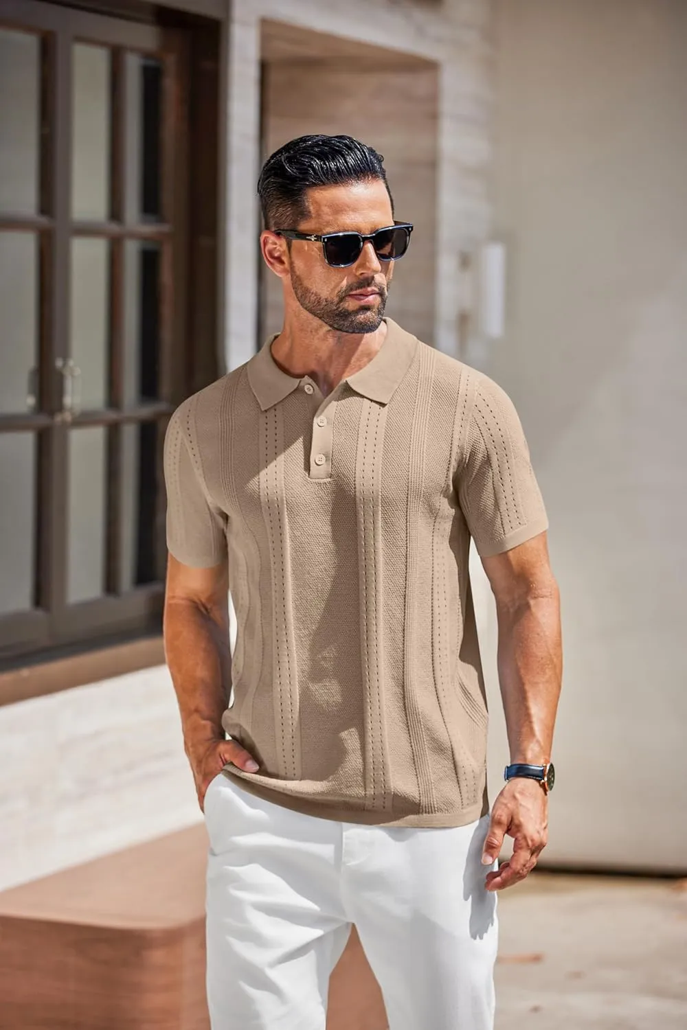 COOFANDY Mens Knit Polo Shirts Short Sleeve Button Down Shirt Cuban Guayabera Textured Summer Beach Shirts