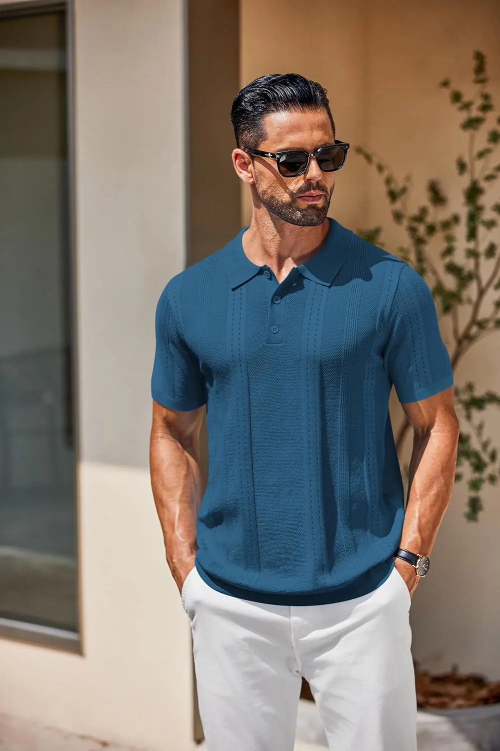 COOFANDY Mens Knit Polo Shirts Short Sleeve Button Down Shirt Cuban Guayabera Textured Summer Beach Shirts