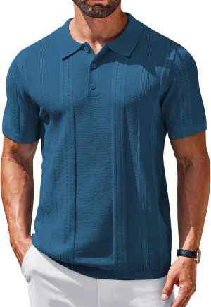 COOFANDY Mens Knit Polo Shirts Short Sleeve Button Down Shirt Cuban Guayabera Textured Summer Beach Shirts