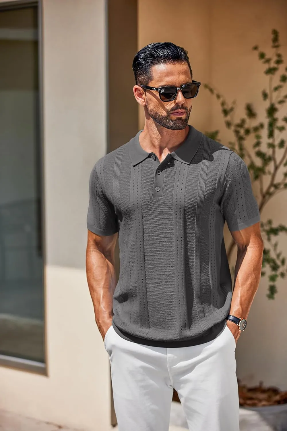 COOFANDY Mens Knit Polo Shirts Short Sleeve Button Down Shirt Cuban Guayabera Textured Summer Beach Shirts