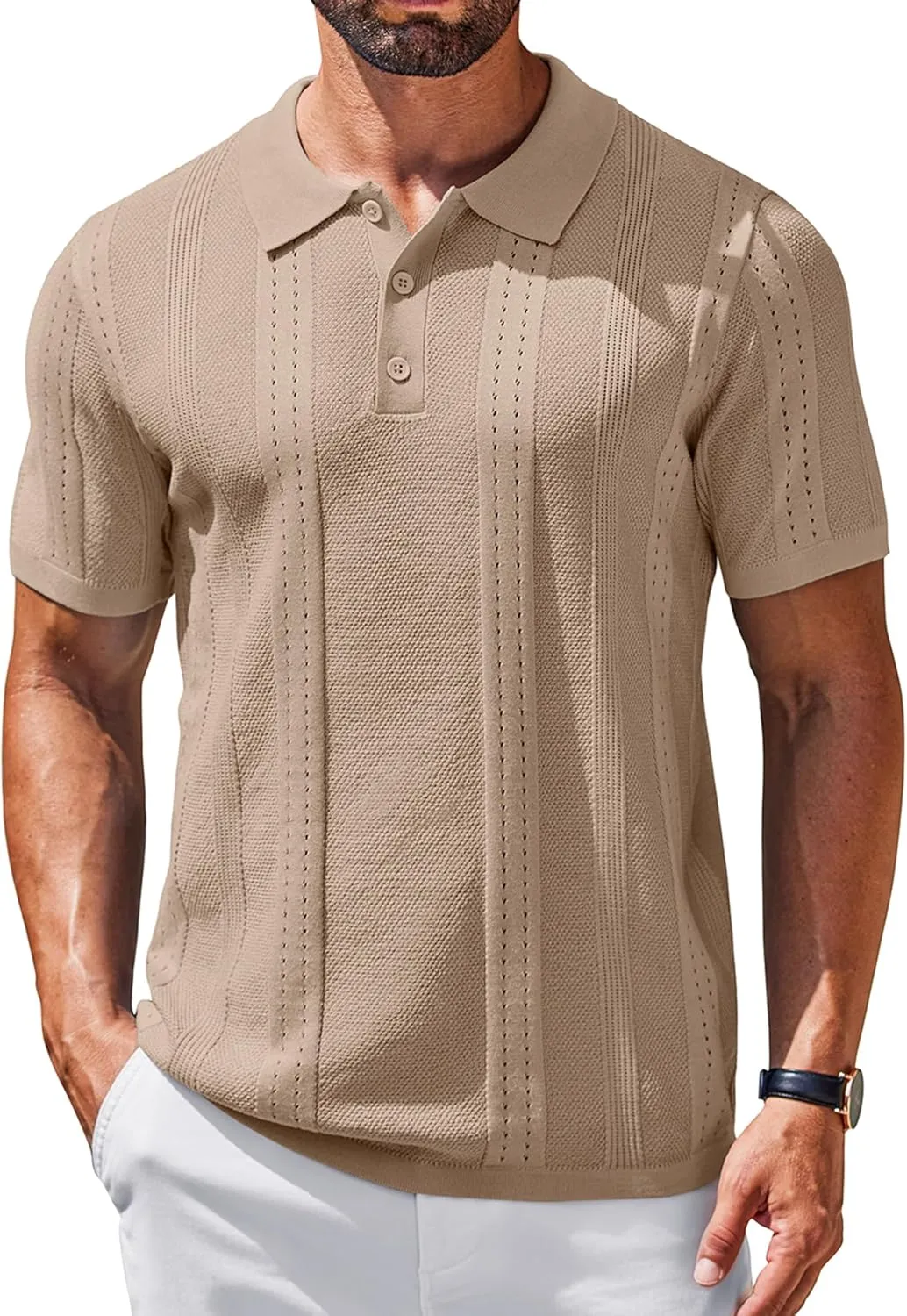 COOFANDY Mens Knit Polo Shirts Short Sleeve Button Down Shirt Cuban Guayabera Textured Summer Beach Shirts