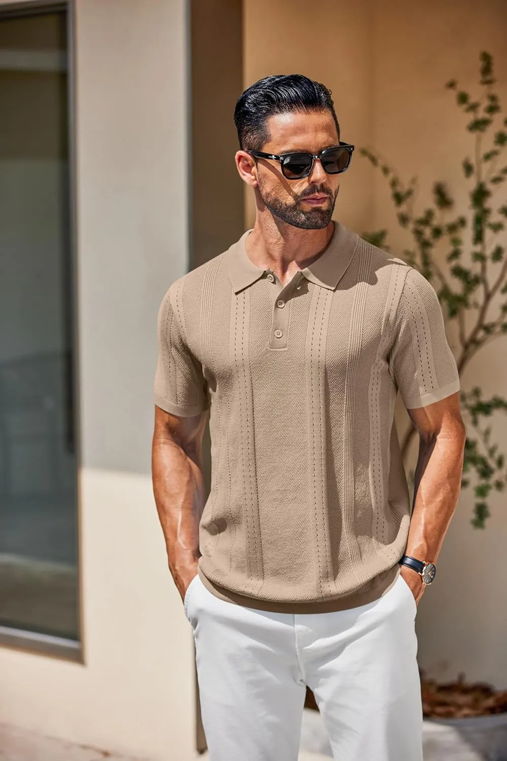 COOFANDY Mens Knit Polo Shirts Short Sleeve Button Down Shirt Cuban Guayabera Textured Summer Beach Shirts