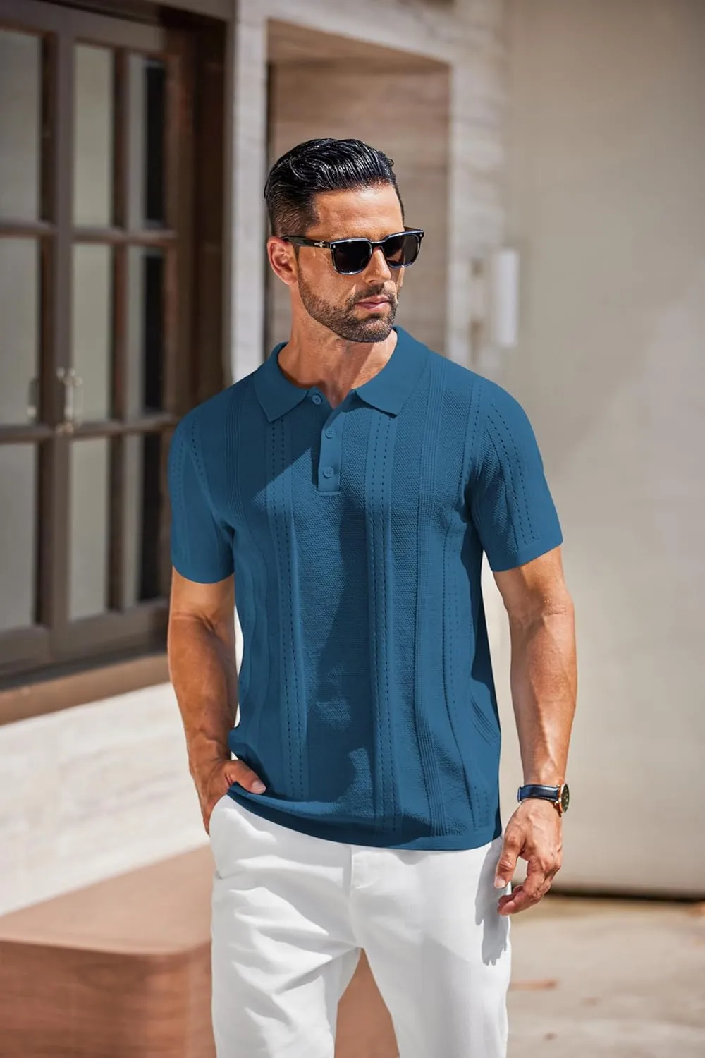 COOFANDY Mens Knit Polo Shirts Short Sleeve Button Down Shirt Cuban Guayabera Textured Summer Beach Shirts