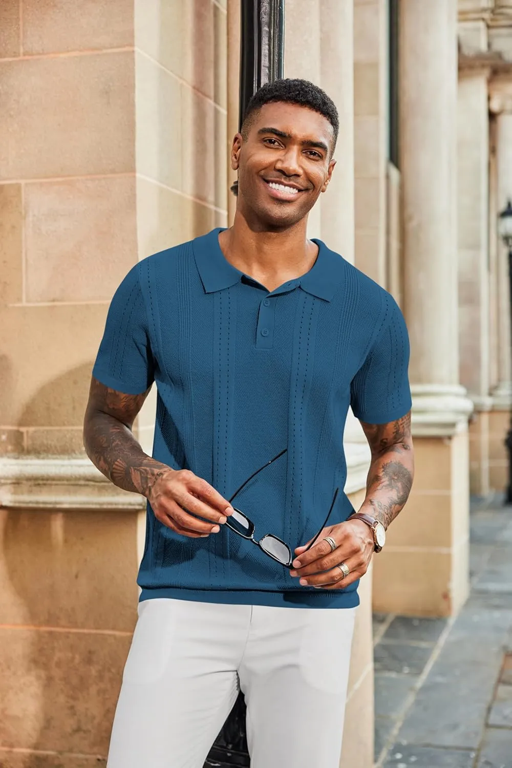 COOFANDY Mens Knit Polo Shirts Short Sleeve Button Down Shirt Cuban Guayabera Textured Summer Beach Shirts