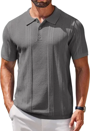 COOFANDY Mens Knit Polo Shirts Short Sleeve Button Down Shirt Cuban Guayabera Textured Summer Beach Shirts
