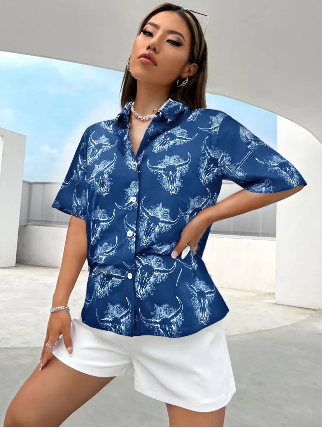 Cow Skull Shirt Women Vintage Western Country T-Shirt Boho Cattle Graphic Tee Holiday Button Down Blouses Short Sleeve Top