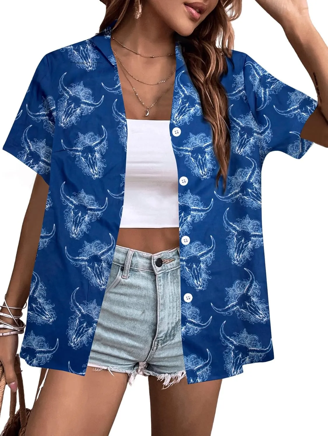 Cow Skull Shirt Women Vintage Western Country T-Shirt Boho Cattle Graphic Tee Holiday Button Down Blouses Short Sleeve Top
