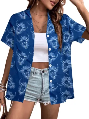 Cow Skull Shirt Women Vintage Western Country T-Shirt Boho Cattle Graphic Tee Holiday Button Down Blouses Short Sleeve Top