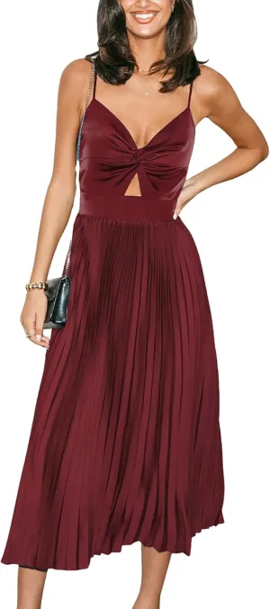 CUPSHE Midi Dress for Women 2025 Party Spaghetti Straps Sleeveless Pleated Cutout Formal Dress