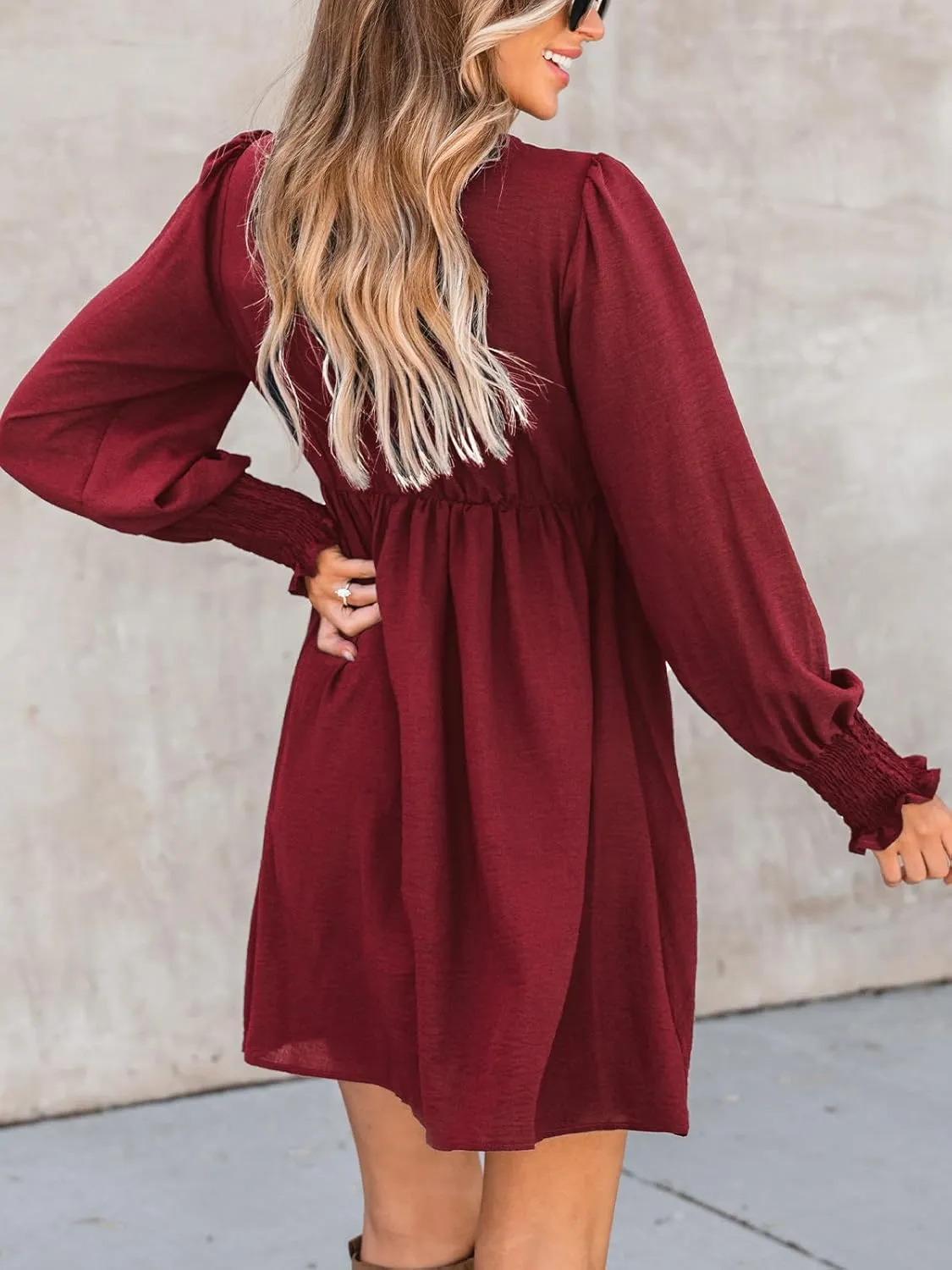 CUPSHE Women's Mini Dress Smocked V Neck Long Sleeve Empire Waist Casual A Line Dress