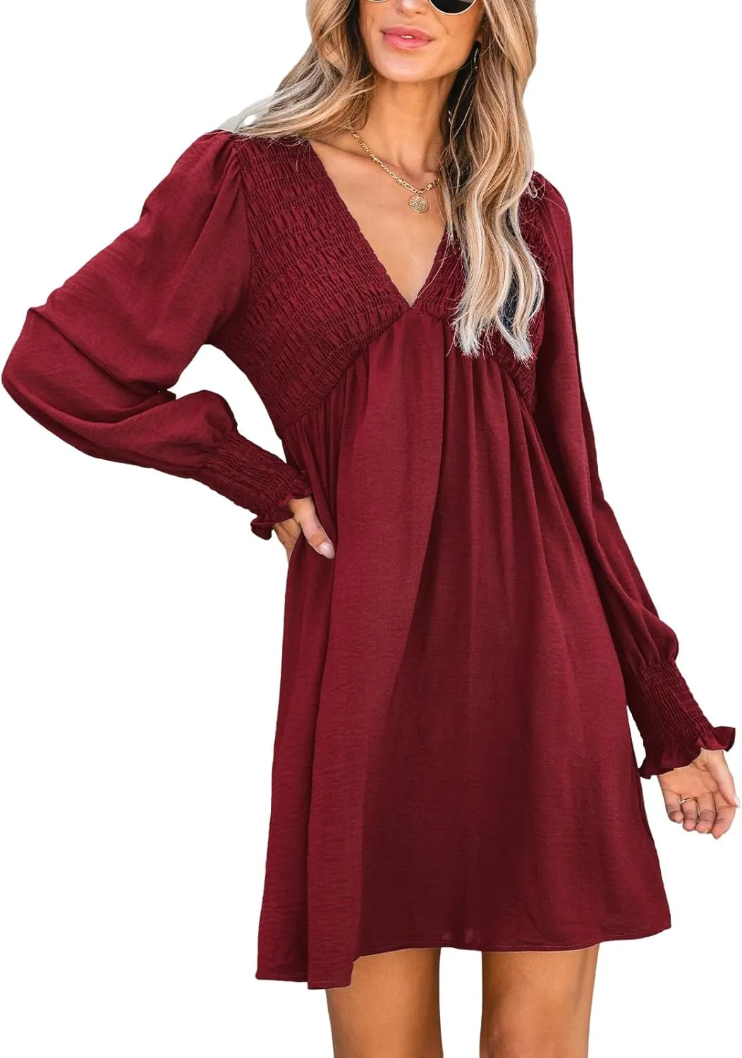 CUPSHE Women's Mini Dress Smocked V Neck Long Sleeve Empire Waist Casual A Line Dress