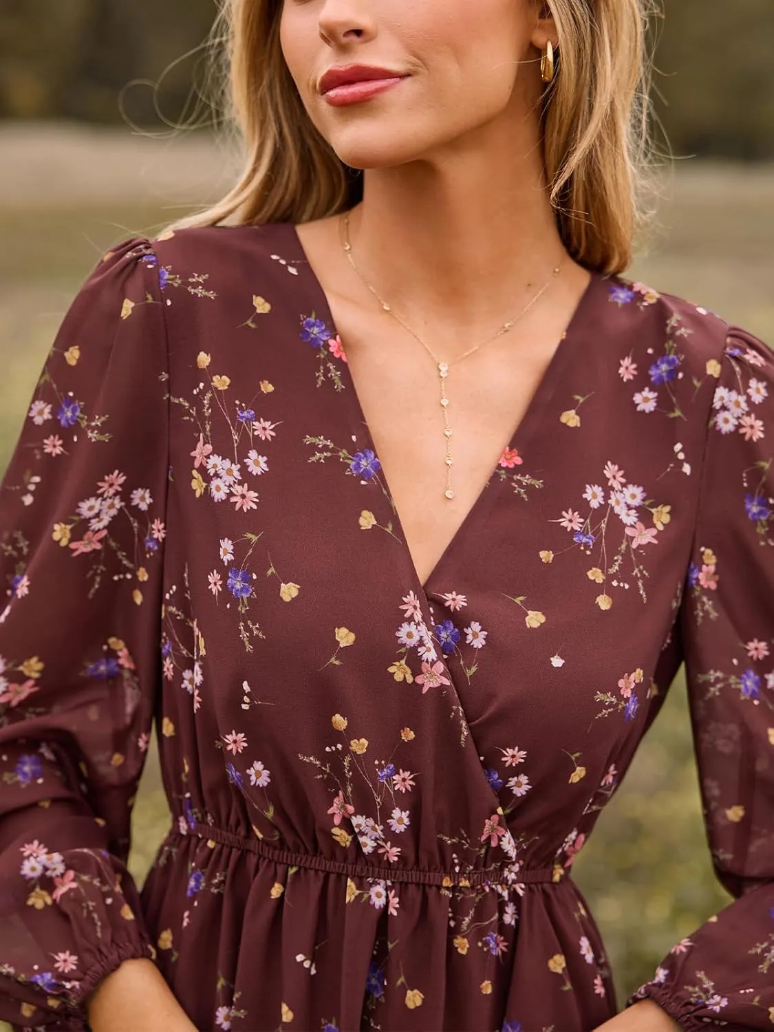 CUPSHE Women's Mini Dresses Casual Spring V Neck Chiffon Long Peasant Sleeves Flowy Summer Dress