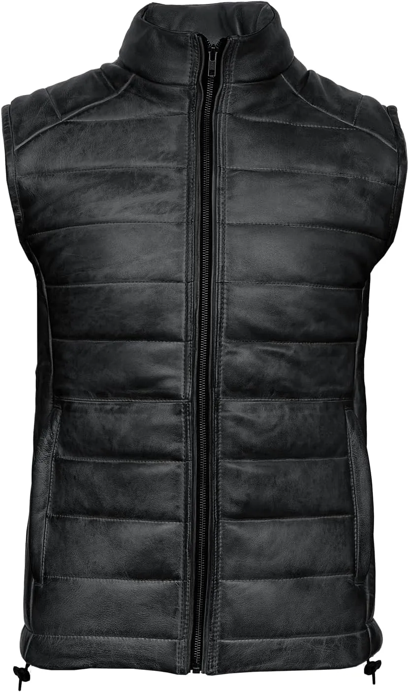 Distressed Quilted Puffer Down Leather Vest Men | Lightweight Distressed Brown vest | Leather Down Puffer Vest