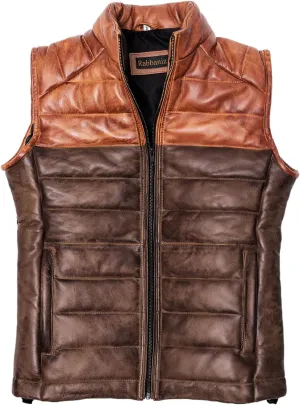 Distressed Quilted Puffer Down Leather Vest Men | Lightweight Distressed Brown vest | Leather Down Puffer Vest