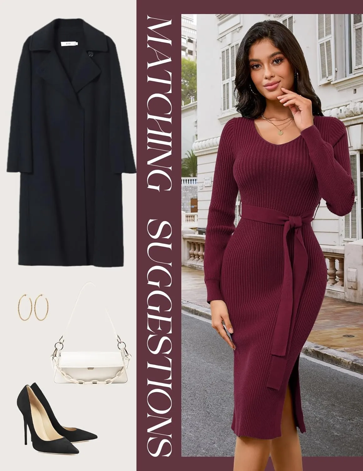 Dressystar Women's Fall Ribbed Knit Sweater Dress V Neck Long Sleeve Tie Waist Slim Fit Bodycon Midi Dress