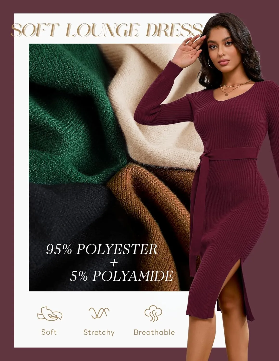 Dressystar Women's Fall Ribbed Knit Sweater Dress V Neck Long Sleeve Tie Waist Slim Fit Bodycon Midi Dress