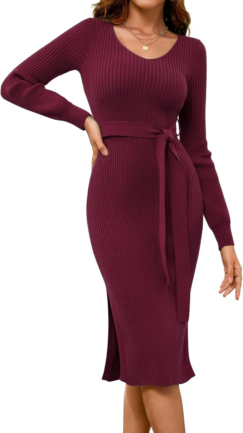 Dressystar Women's Fall Ribbed Knit Sweater Dress V Neck Long Sleeve Tie Waist Slim Fit Bodycon Midi Dress