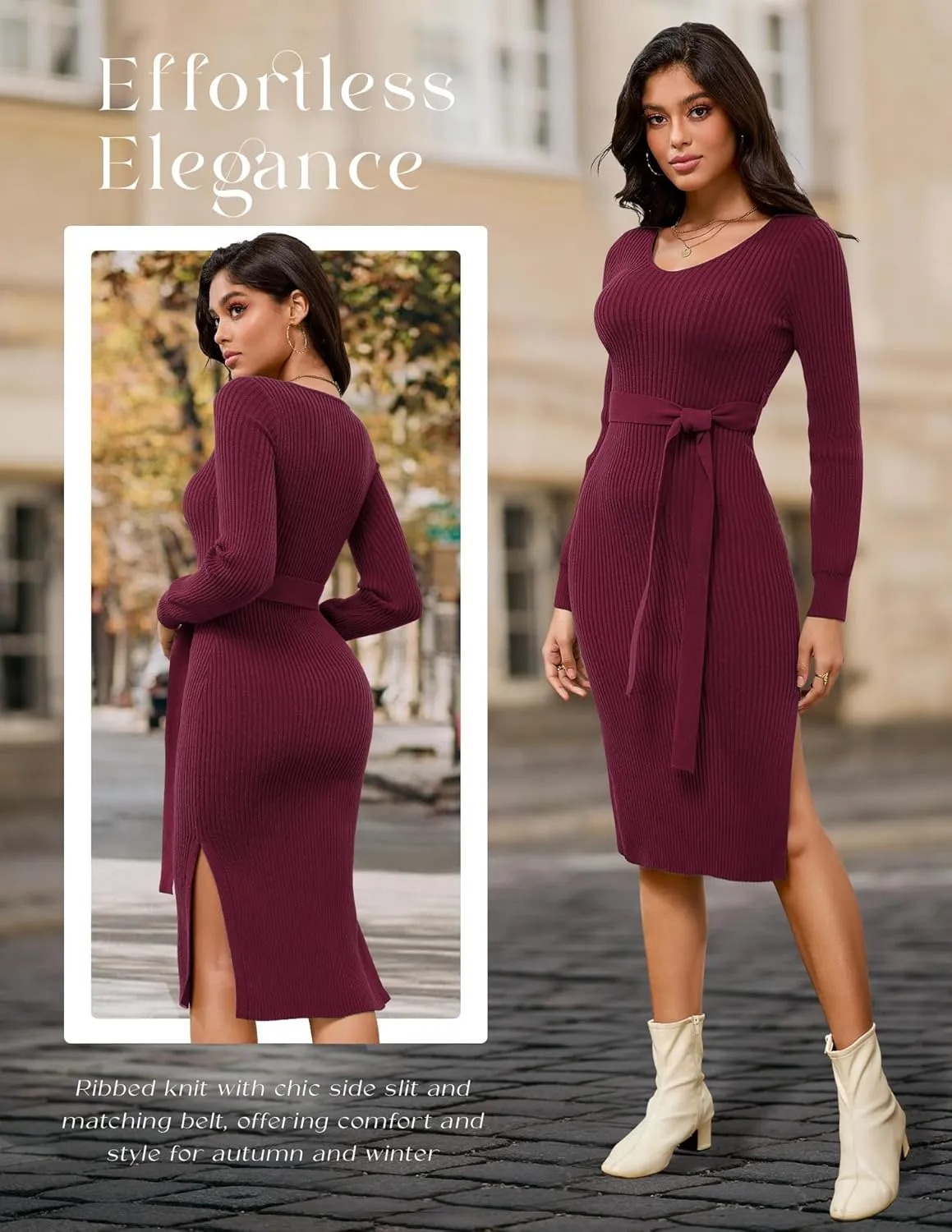 Dressystar Women's Fall Ribbed Knit Sweater Dress V Neck Long Sleeve Tie Waist Slim Fit Bodycon Midi Dress