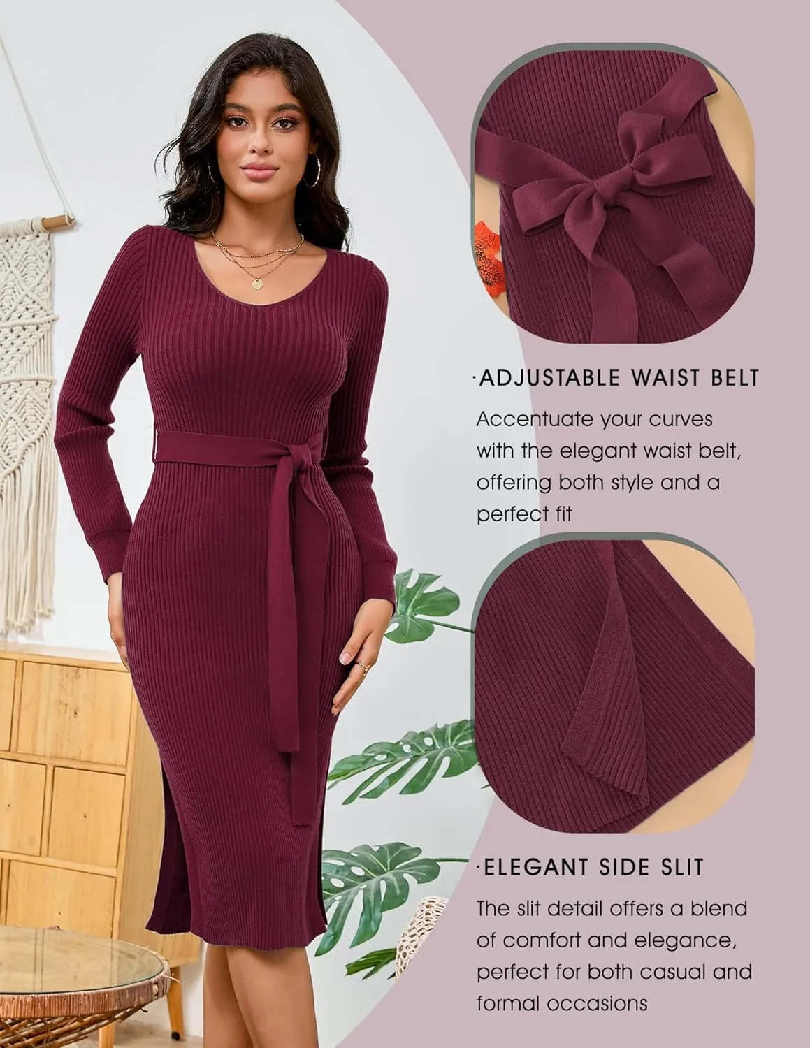 Dressystar Women's Fall Ribbed Knit Sweater Dress V Neck Long Sleeve Tie Waist Slim Fit Bodycon Midi Dress
