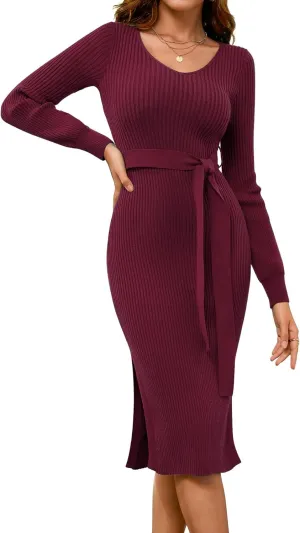 Dressystar Women's Fall Ribbed Knit Sweater Dress V Neck Long Sleeve Tie Waist Slim Fit Bodycon Midi Dress