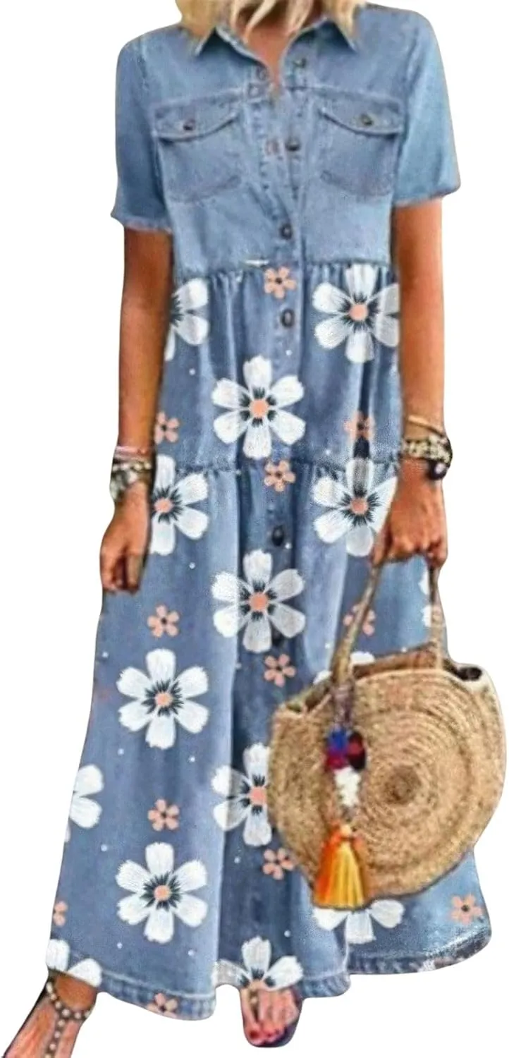 ebossy Womens Short Sleeve Button Down Denim Shirt Dress Loose A-Line Tiered Flowy Maxi Long Jean Dress