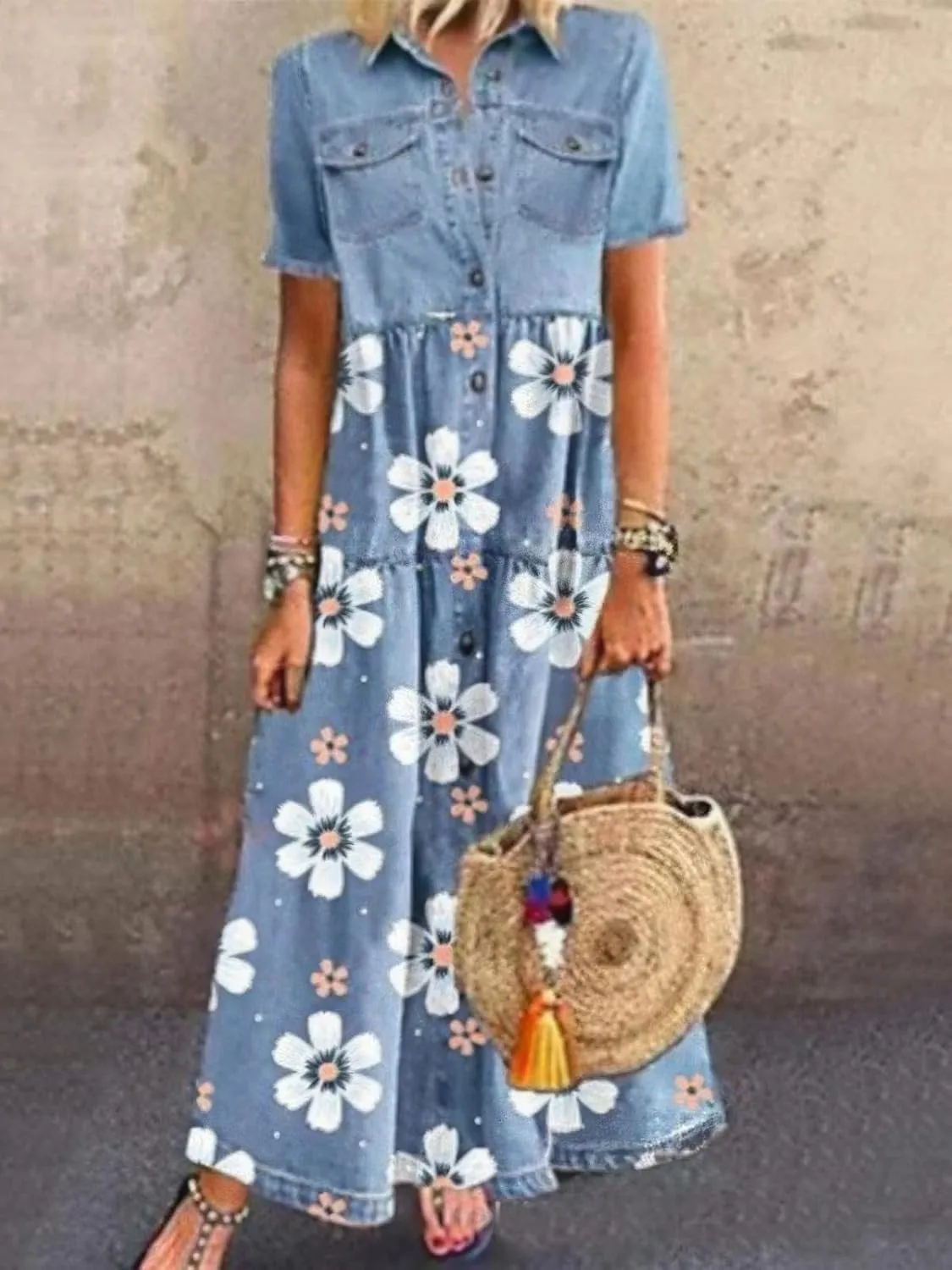 ebossy Womens Short Sleeve Button Down Denim Shirt Dress Loose A-Line Tiered Flowy Maxi Long Jean Dress