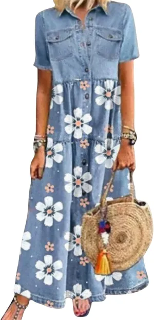 ebossy Womens Short Sleeve Button Down Denim Shirt Dress Loose A-Line Tiered Flowy Maxi Long Jean Dress