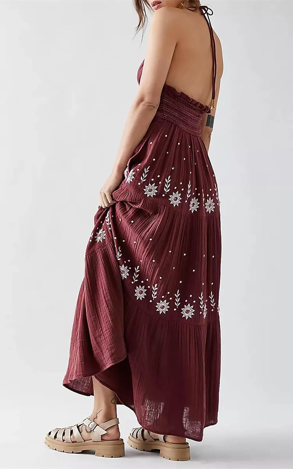ebossy Women's Summer Boho Embroidered Daisy Maxi Dress Halter Shirred V Neck Backless Flowy Vacation Beach Sundress