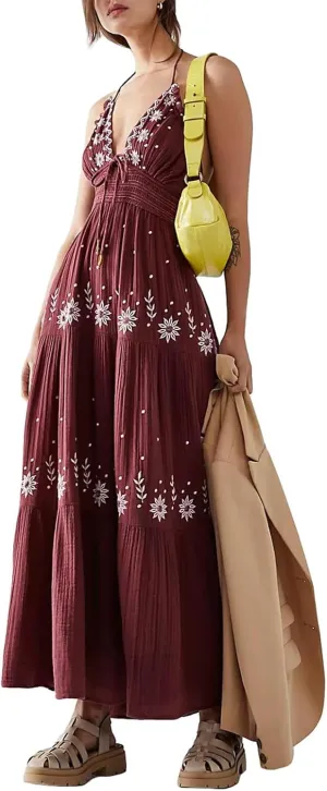 ebossy Women's Summer Boho Embroidered Daisy Maxi Dress Halter Shirred V Neck Backless Flowy Vacation Beach Sundress