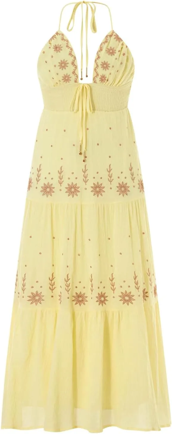 ebossy Women's Summer Boho Embroidered Daisy Maxi Dress Halter Shirred V Neck Backless Flowy Vacation Beach Sundress