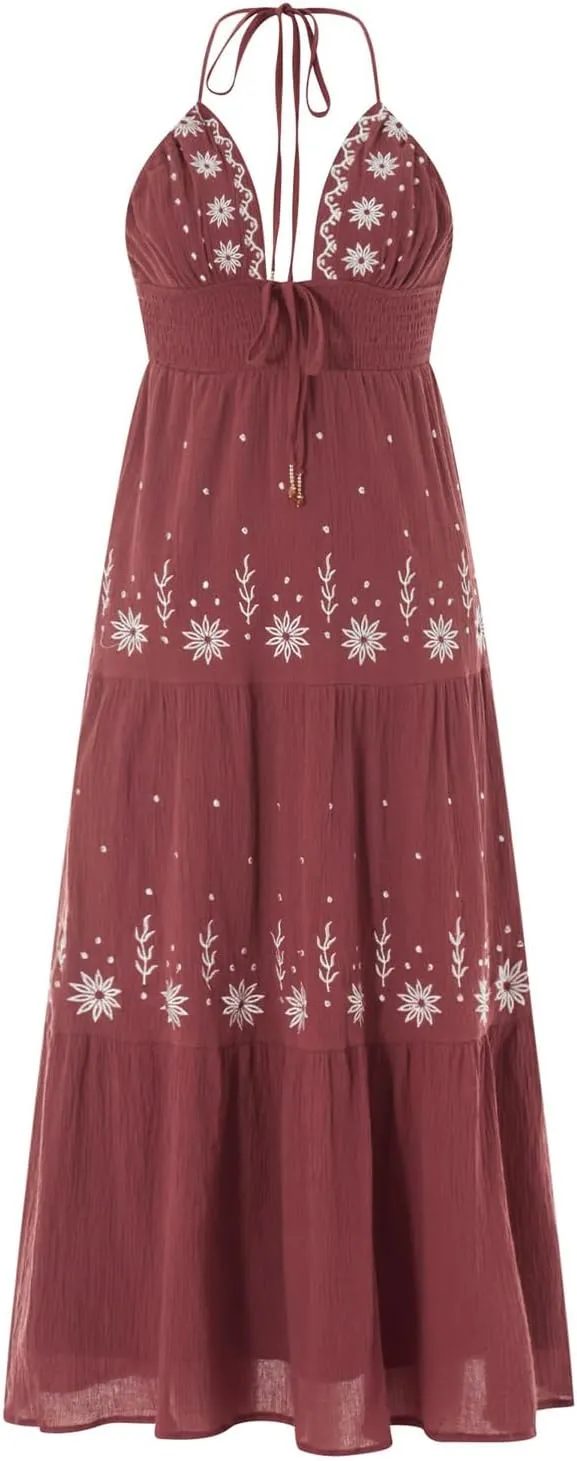 ebossy Women's Summer Boho Embroidered Daisy Maxi Dress Halter Shirred V Neck Backless Flowy Vacation Beach Sundress
