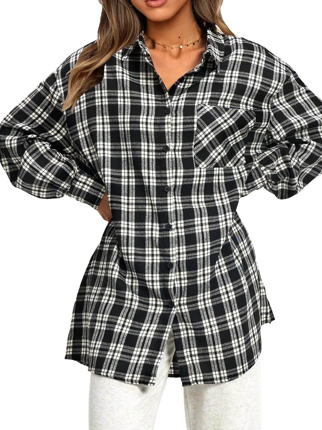 EXLURA Womens Plaid Flannel Shacket Long Sleeve Button Down Shirts Long Jackets Oversized Spring Fashion Outfits 2025 Clothes